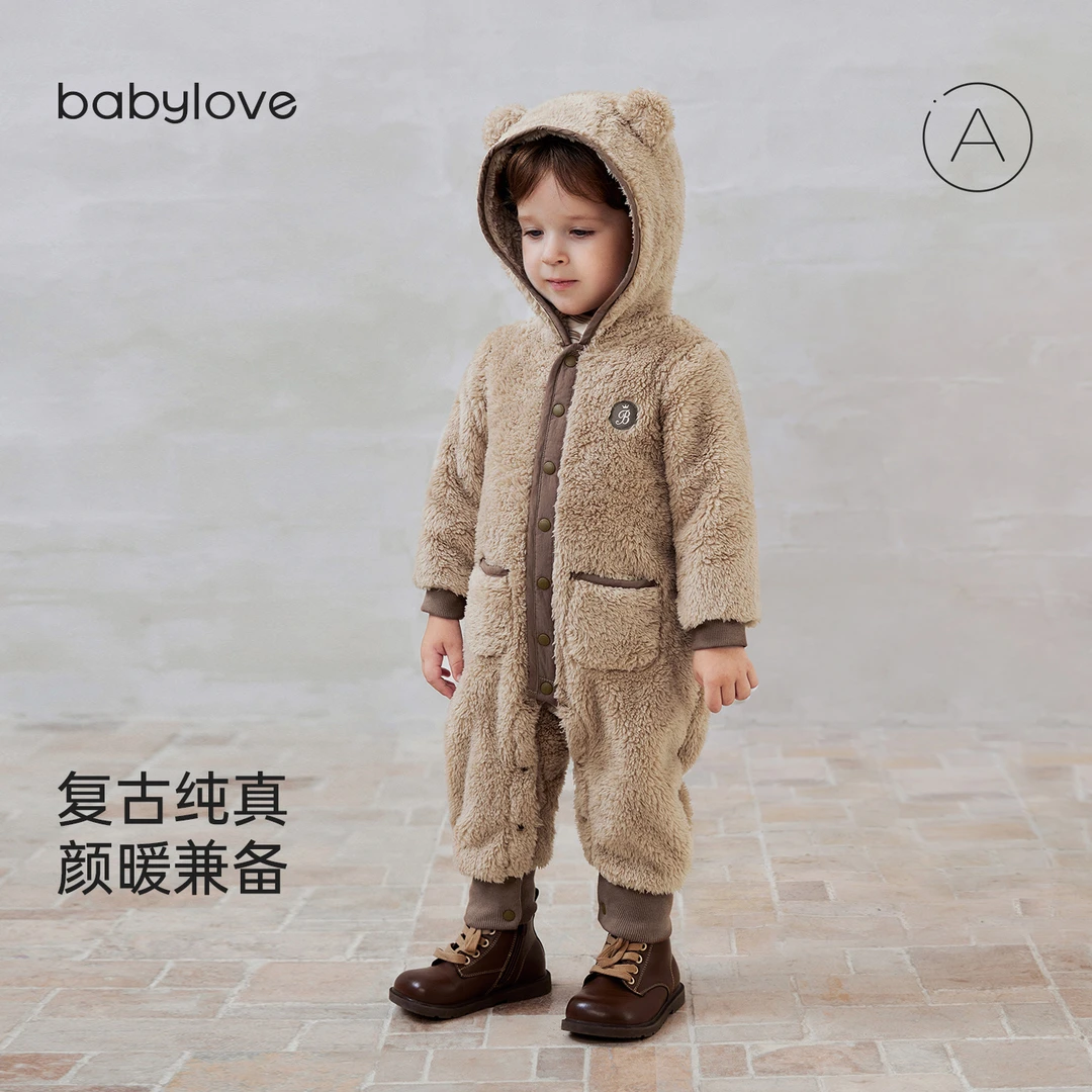 babylove婴儿连体衣秋冬舒棉绒保暖哈衣爬服宝宝纯色复古毛绒衣服