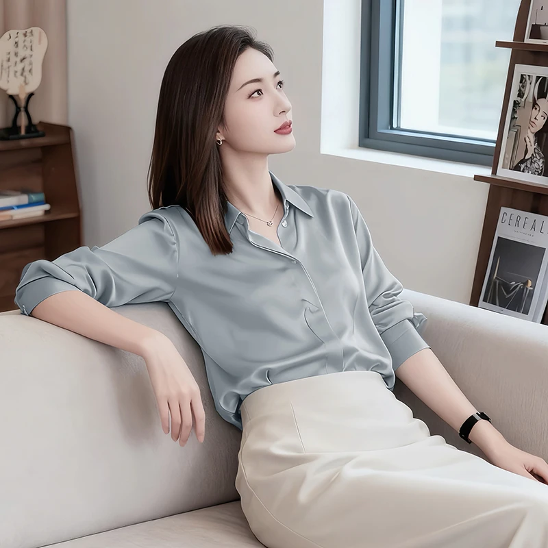 气质缎面职业衬衫干练气场女装长袖时尚轻奢衬衣小众设计感上衣
