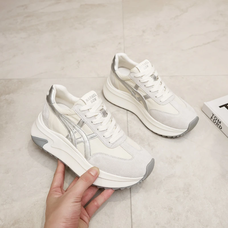 小个子小码女鞋厚底阿甘鞋增高6CM真皮拼色百搭休闲运动老爹鞋女