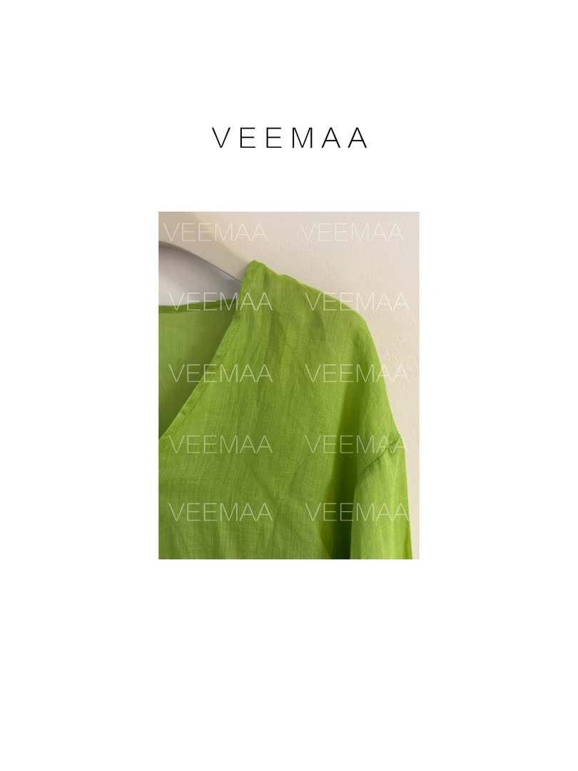 【Veemaa】冰沙 定制款绿色苎麻v领显瘦上衣