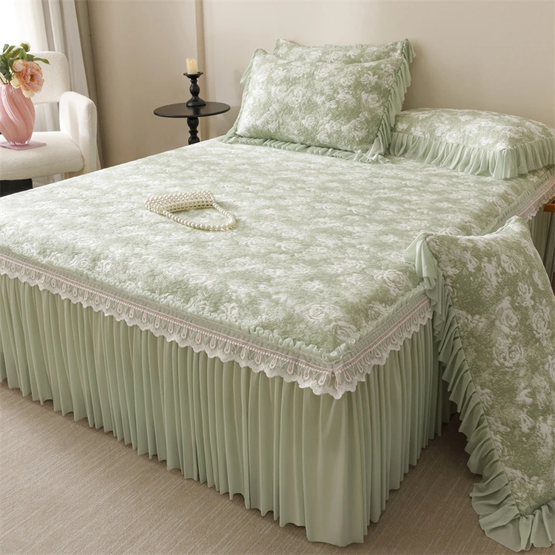 法式玫瑰提花凉感加厚冰丝凉席三件套床裙款母婴可机洗单件软凉席