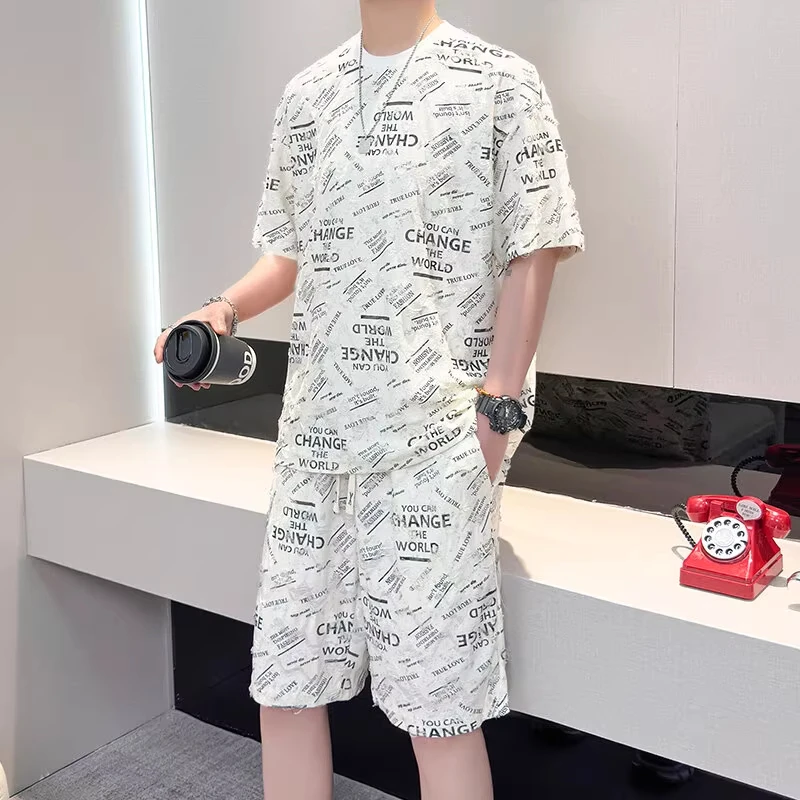 高级感男装短裤休闲运动套装男2025夏季新款冰丝透气五分裤两件套