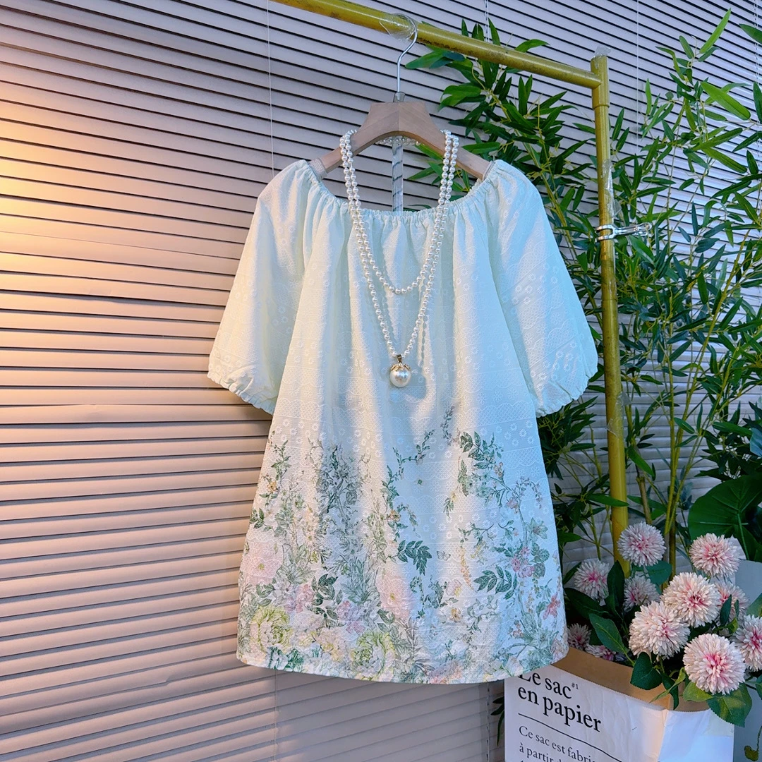 706胖mm欧货韩系宽松提花刺绣圆领可一字肩定位花设计感减龄短袖