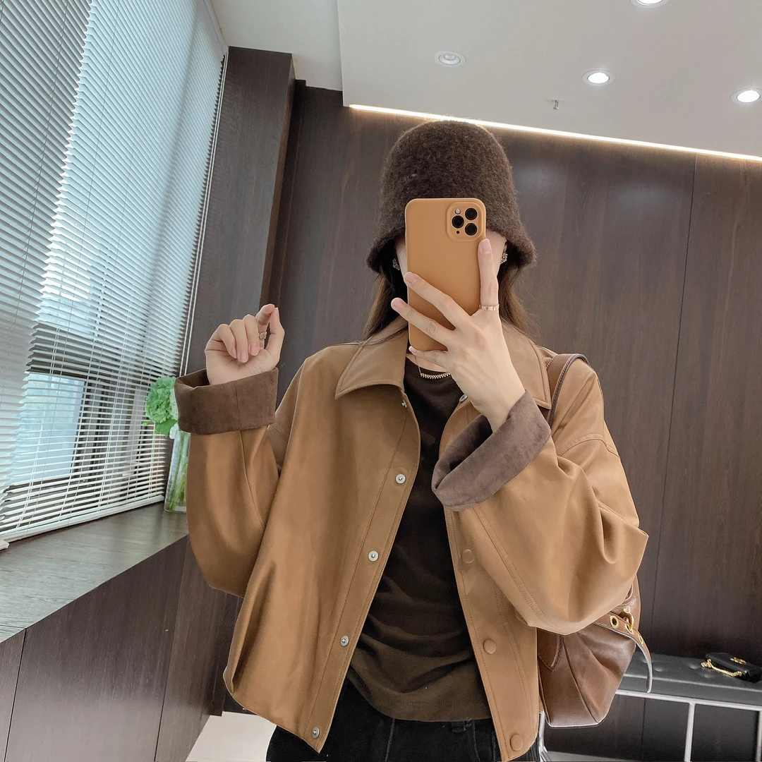 IMFLY金小金自制女装 皮衣外套DYW9775琥珀流光翻领皮夹克上衣