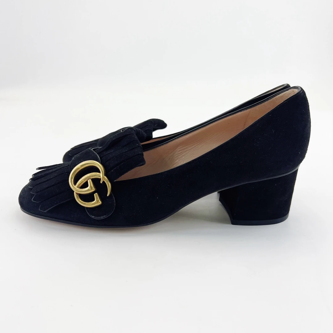 99新 GUCCI/古驰 38.5码/35.5码/35码/黑色麂皮流苏双G粗跟鞋