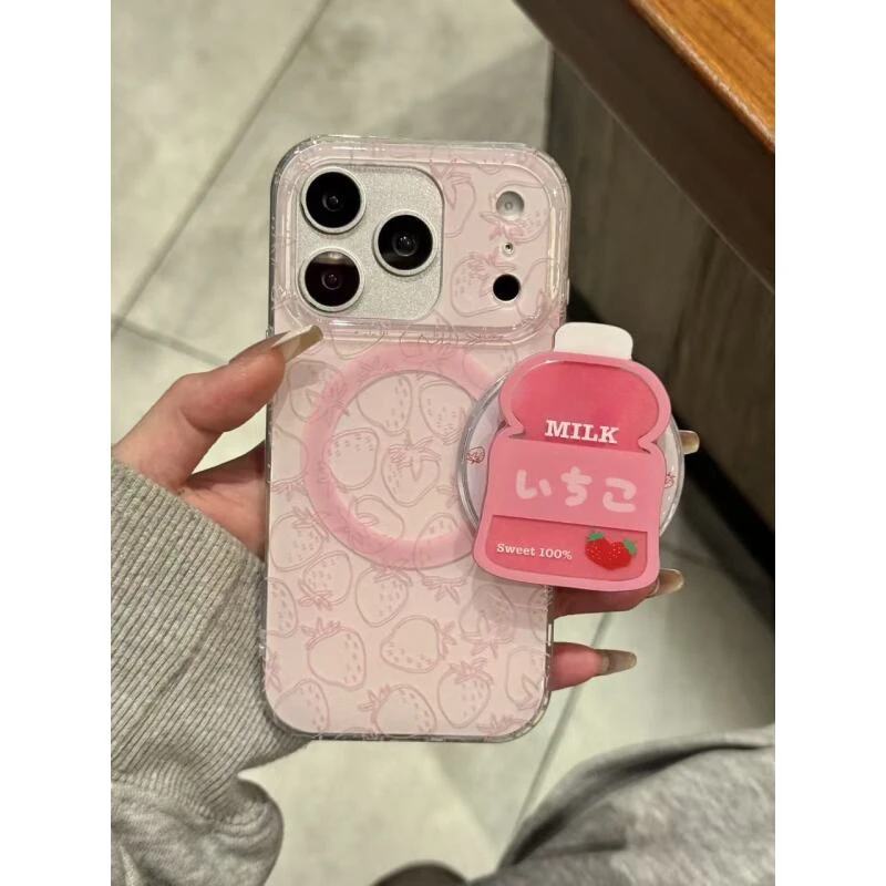甜系少女粉线条草莓果汁磁吸适用于iphone17promax苹果16手机壳15