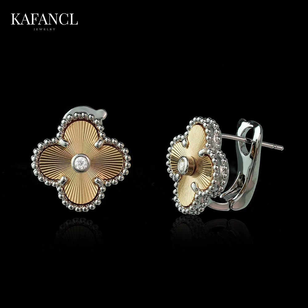 红楼 925银针 镀K金 镭射金拼银镶嵌草耳拍 ZF-A534