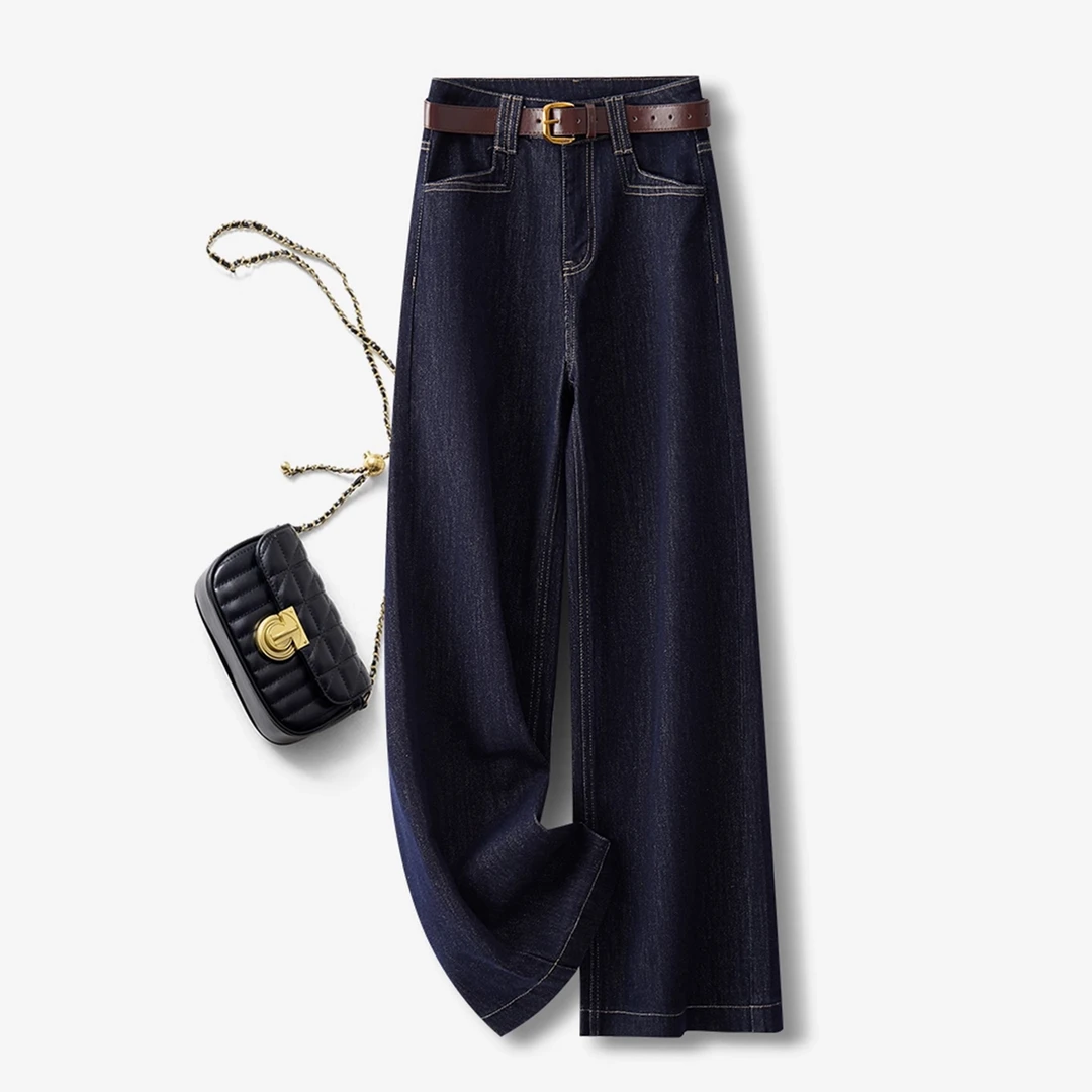 拉夏贝尔加绒加厚窄版阔腿牛仔裤女2025秋冬新款时尚高腰直筒裤子