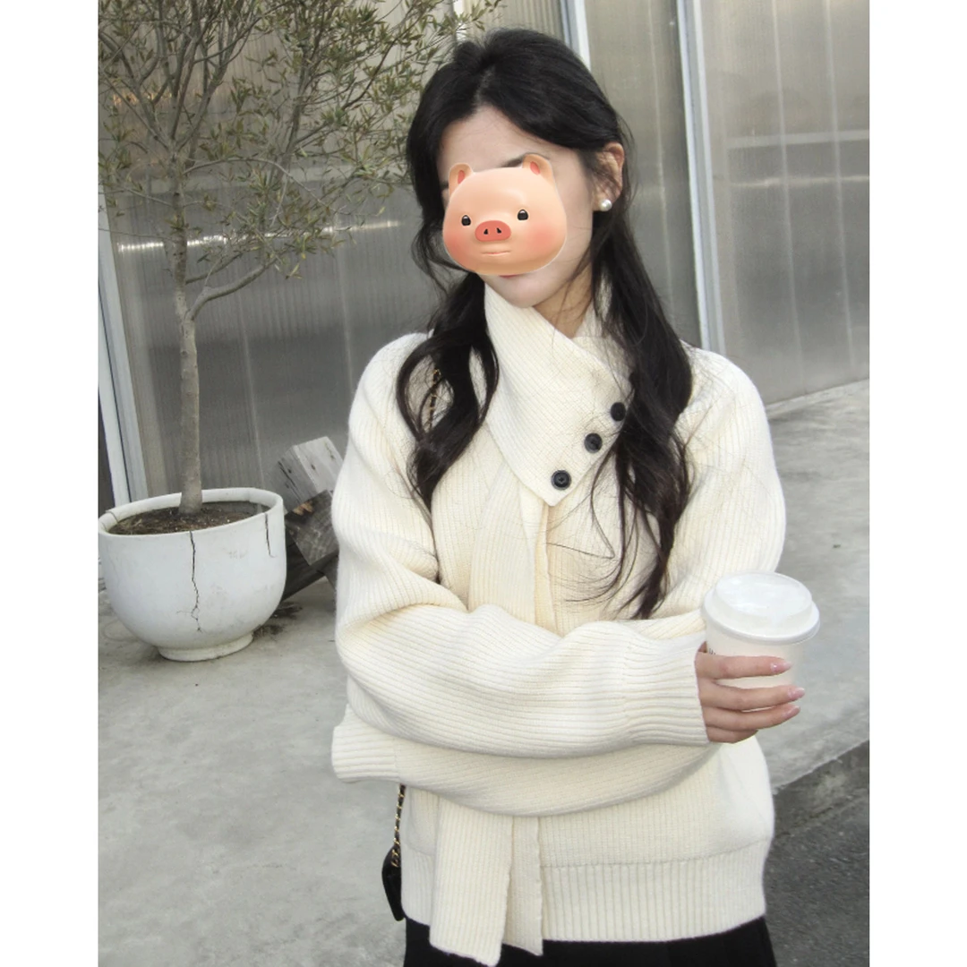 法式可拆卸围巾领套头毛衣女2025新款秋冬季加厚慵懒风针织衫上衣