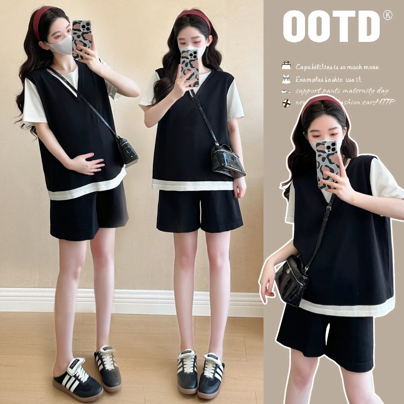 孕妇套装2025夏孕妇针织冰丝休闲运动套装假两件阔腿短裤套装