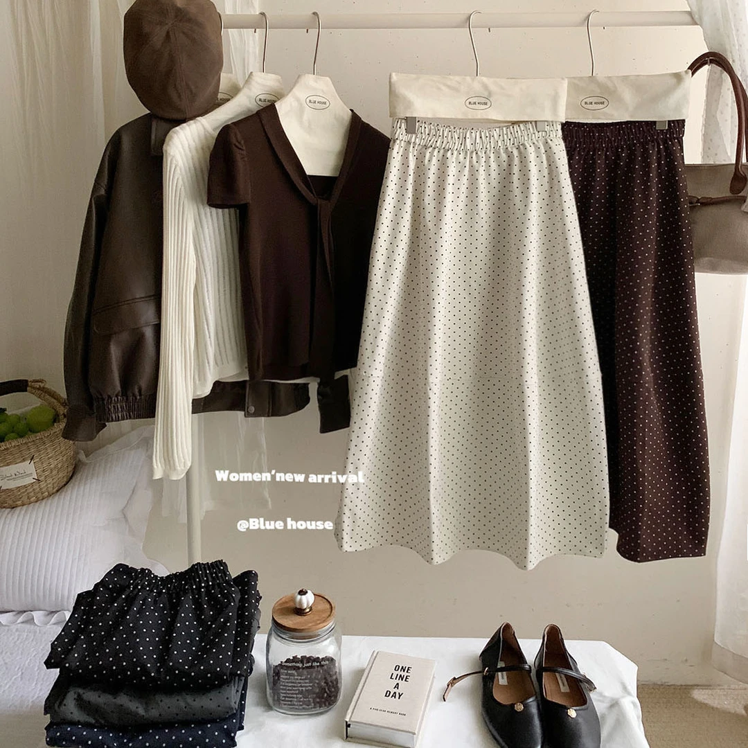 质感赞爆~韩系气质松紧腰波点中长花苞裙女秋温柔慵懒宽松半身裙