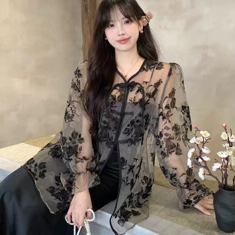 新中式国风盘扣绝美衬衫上衣衬衣外套女植绒开衫甜美可爱风格衣服