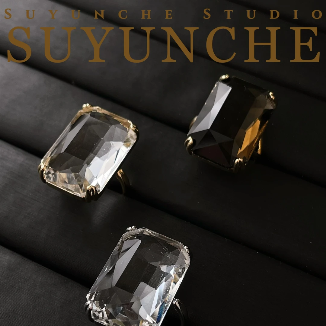 钛钢合成锆石戒指 SuyuncheA91欧美大气夸张长方形开口戒指三色