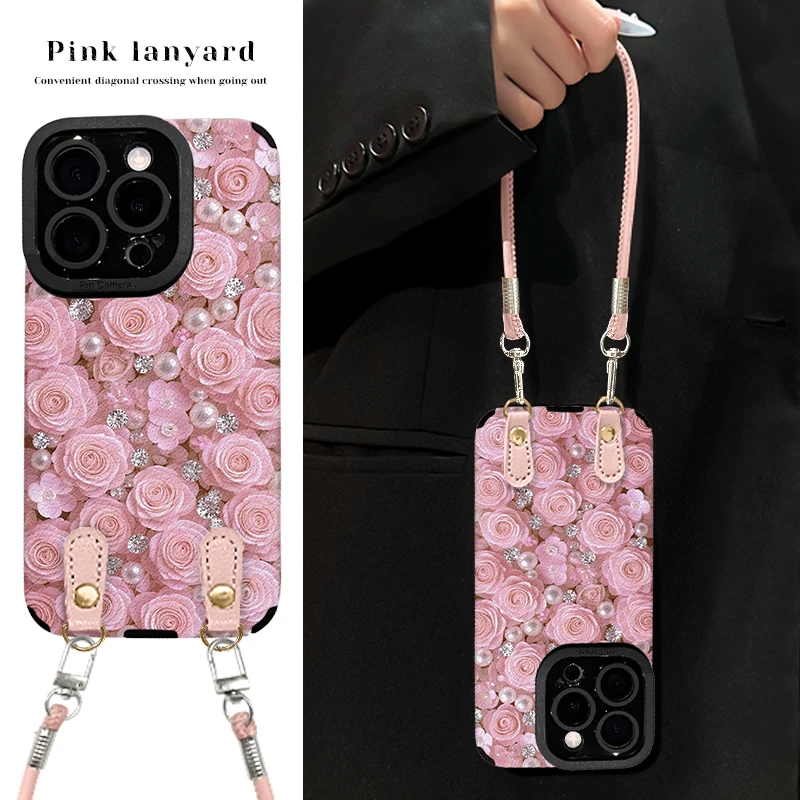 满屏粉玫瑰适用于苹果15华为vivo/oppo小米iPhone16pro羊皮手机壳