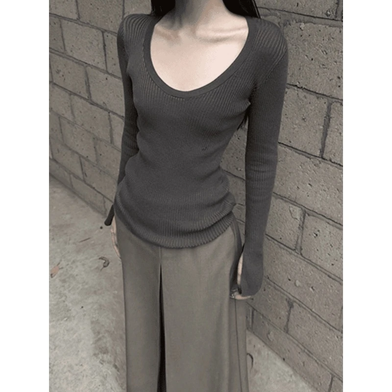 圆领针织衫长袖t恤女2024秋季新款坑条修身打底内搭单穿上衣体恤