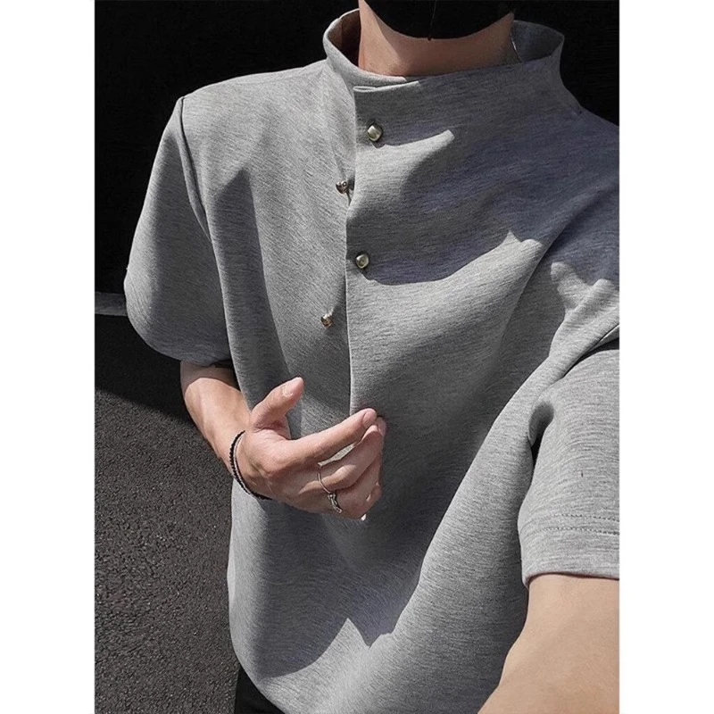 灰色半高领新中式短袖男款正肩重磅设计感小众t恤cleanfit五分袖