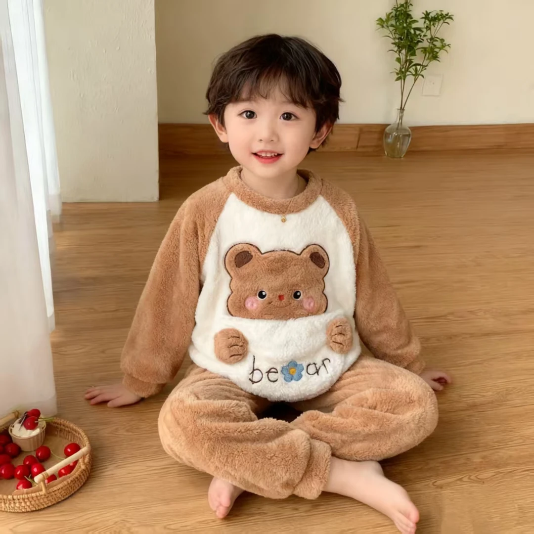 秋冬季儿童睡衣加厚法兰绒套装中大童宝宝卡通珊瑚绒保暖家居服