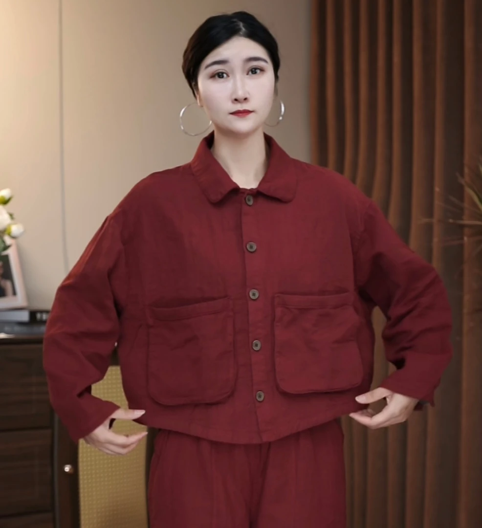 休闲百搭口袋翻领民族风女宽松短外套秋季休闲显瘦女士上衣