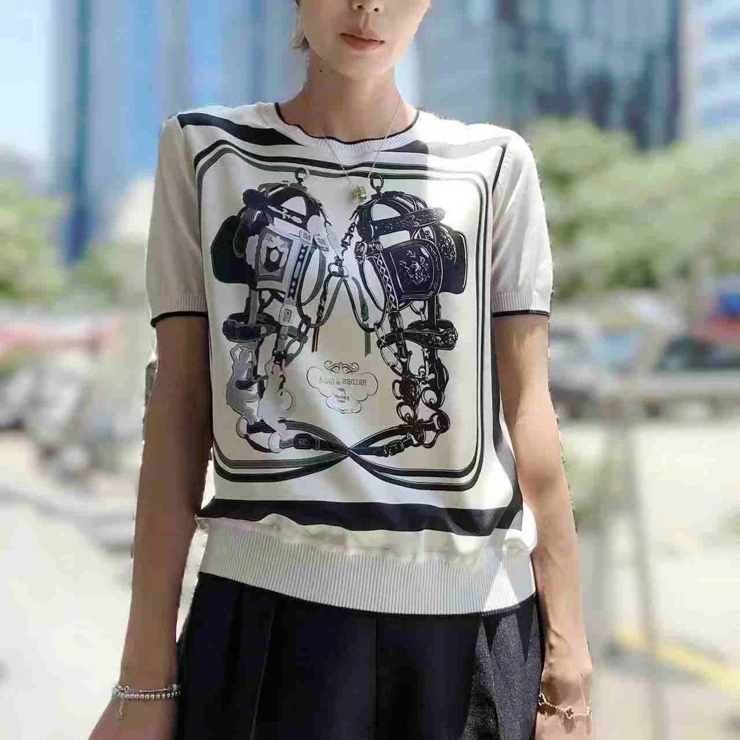 【链条马鞍】2025春夏SS 25117 桑蚕丝拼 接圆领短袖上衣