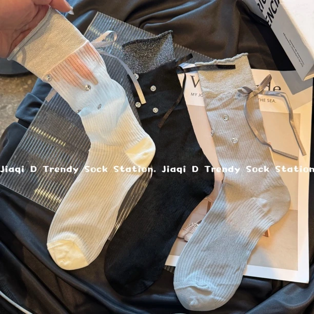 新品蝴蝶结袜子女中筒薄透堆堆袜水钻银丝亮钻公主爆款袜子女