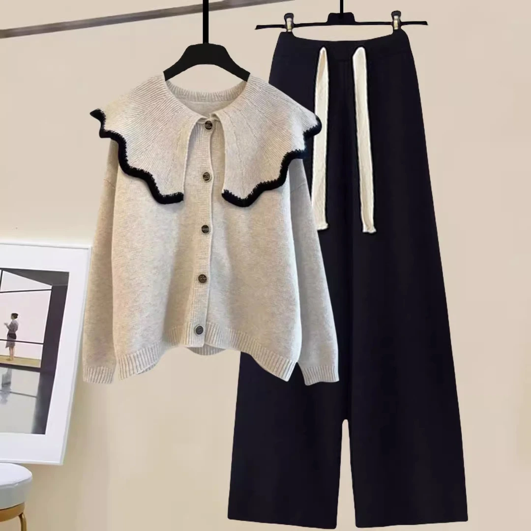 秋冬减龄套装女时尚小众娃娃领毛衣开衫高腰垂感针织休闲裤两件套