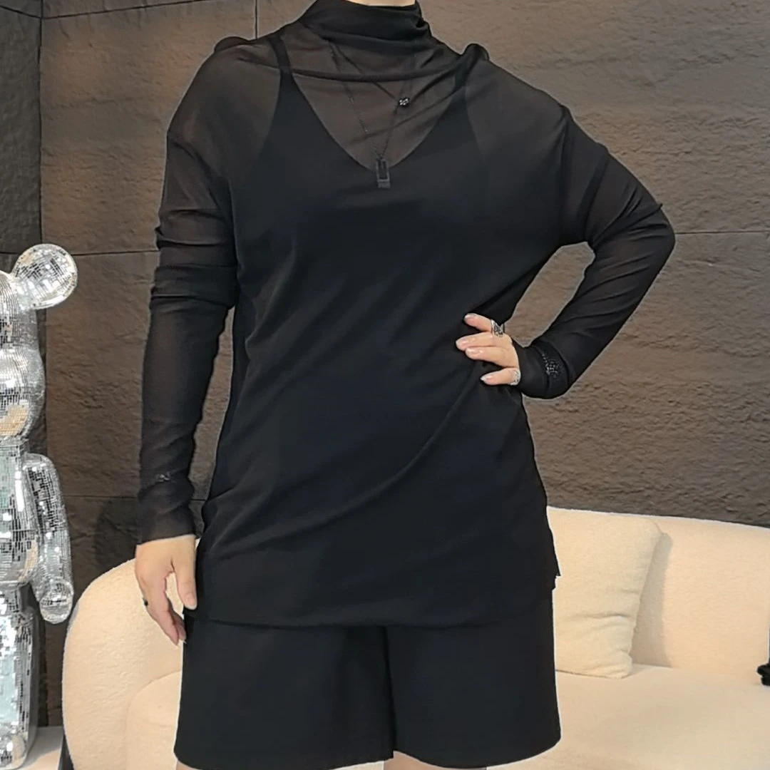 【雨田定制】T恤2025秋冬高领设计感时尚显瘦百搭女士T恤网纱打底衫