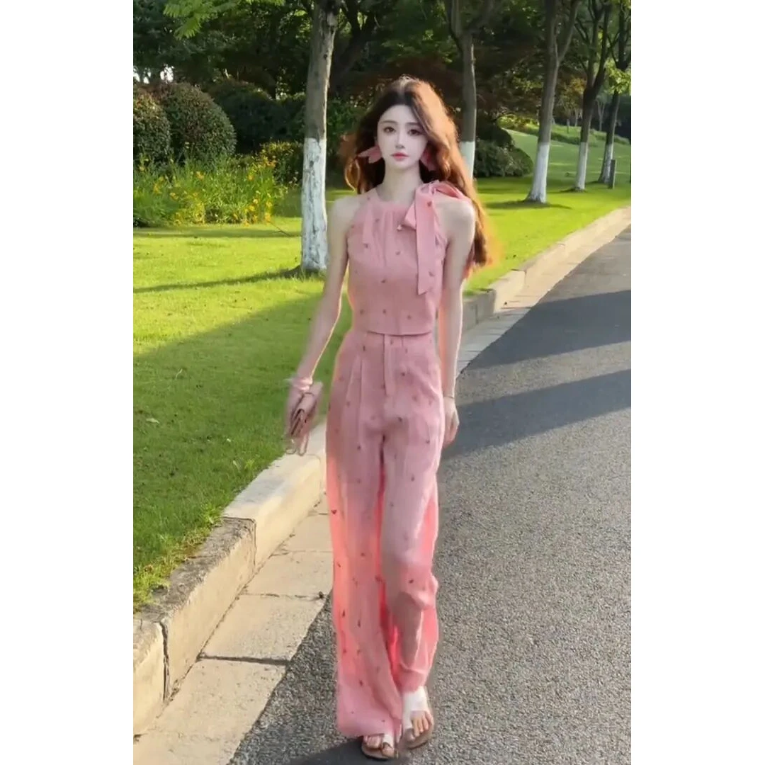 2025女士时尚夏装时尚洋气挂脖背心上衣高腰上衣高腰直筒休闲裤