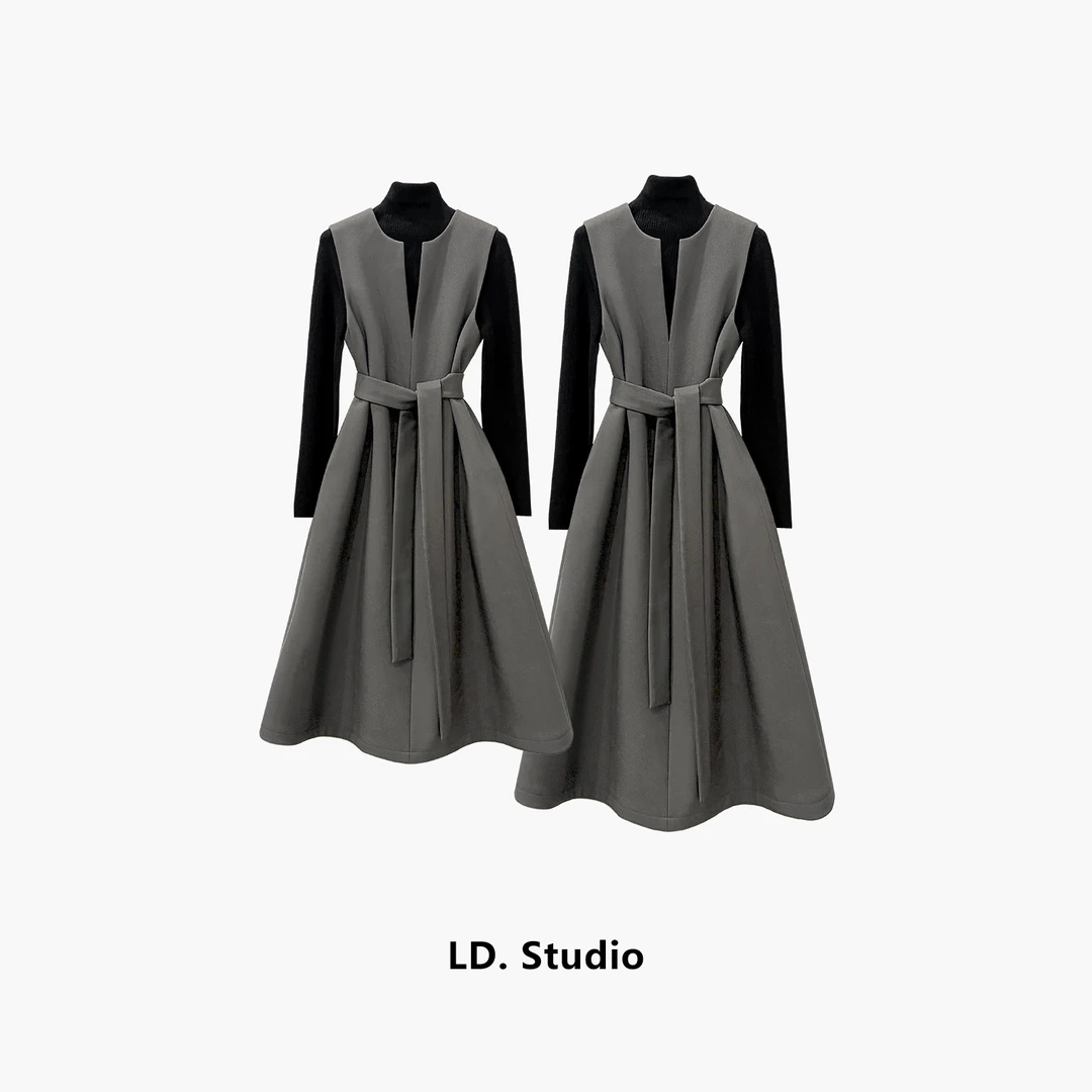 LD上新款时尚百搭中长款马甲连衣裙女纯色休闲裙LDQ308