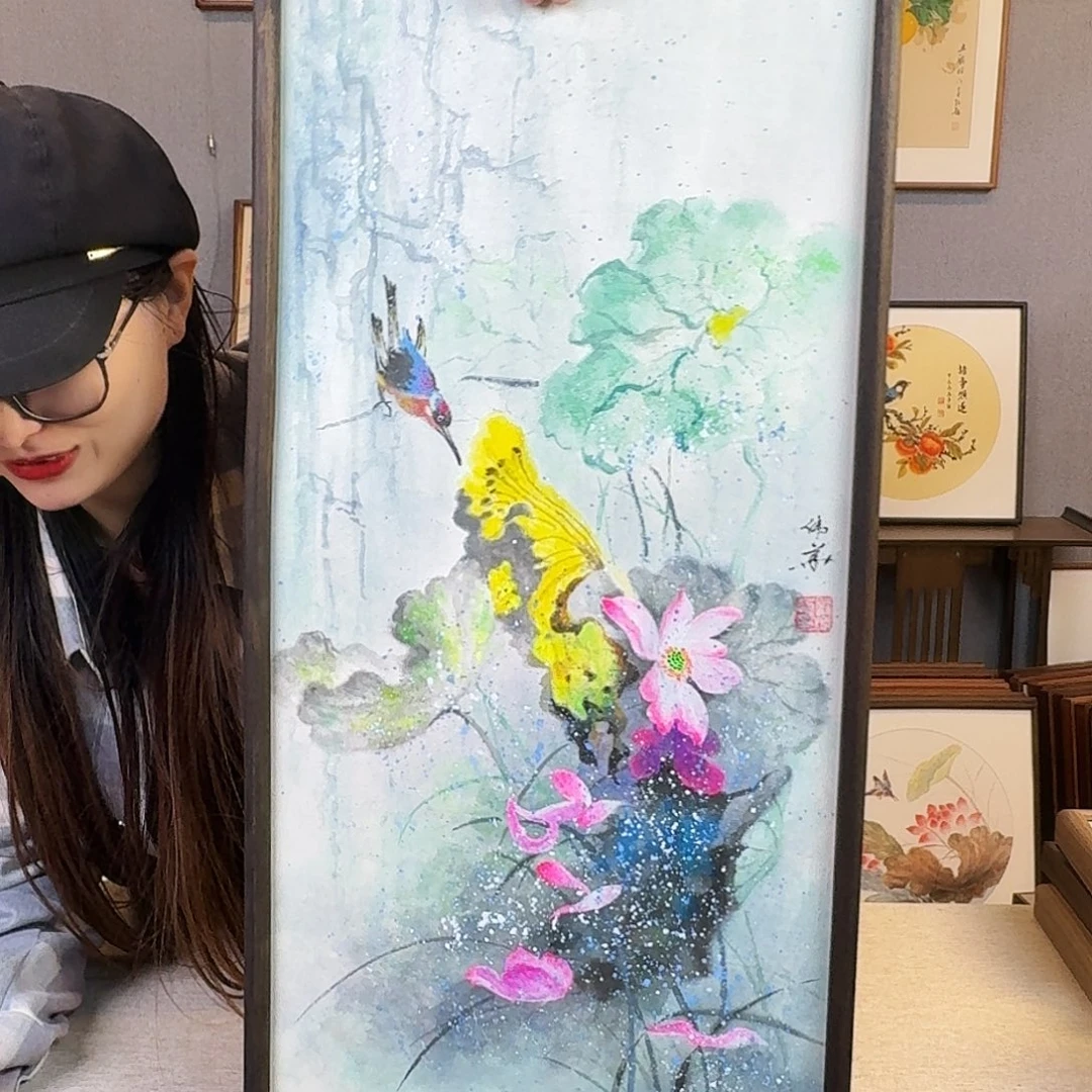 国画纯手绘，纯手写带框尺寸：36×69厘米