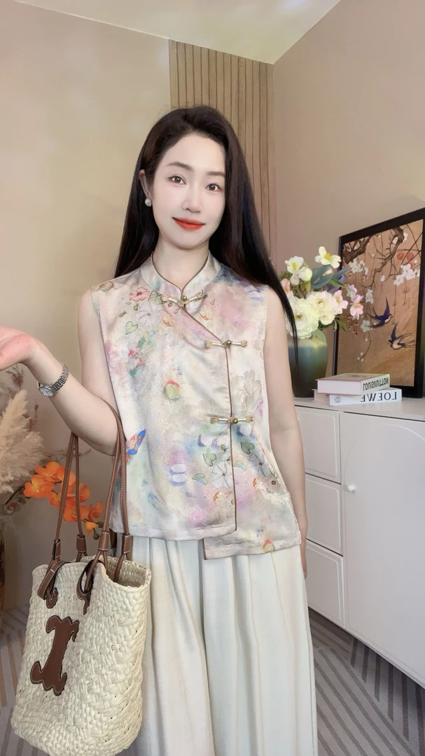 2025新款国风上衣马甲复古新中式夏季无袖钉珠洋气宽松显瘦上衣