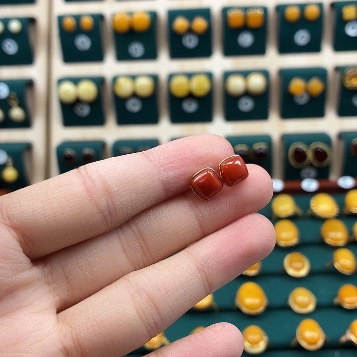 琥珀银S925镶嵌耳饰