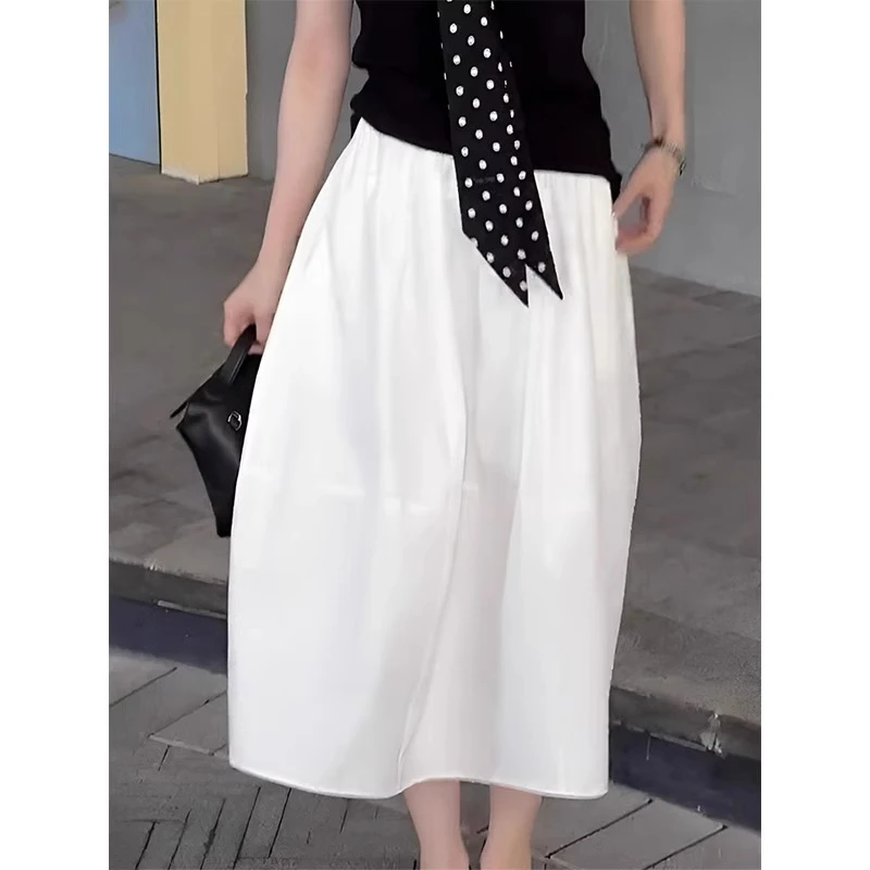 芯娇晴韩系松紧腰花苞白色半身裙女装2025新款夏季中长款a字长裙