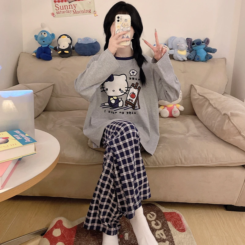 女款纯棉睡衣春秋季女生薄款长袖长裤青少女可爱凯蒂猫家居服套装