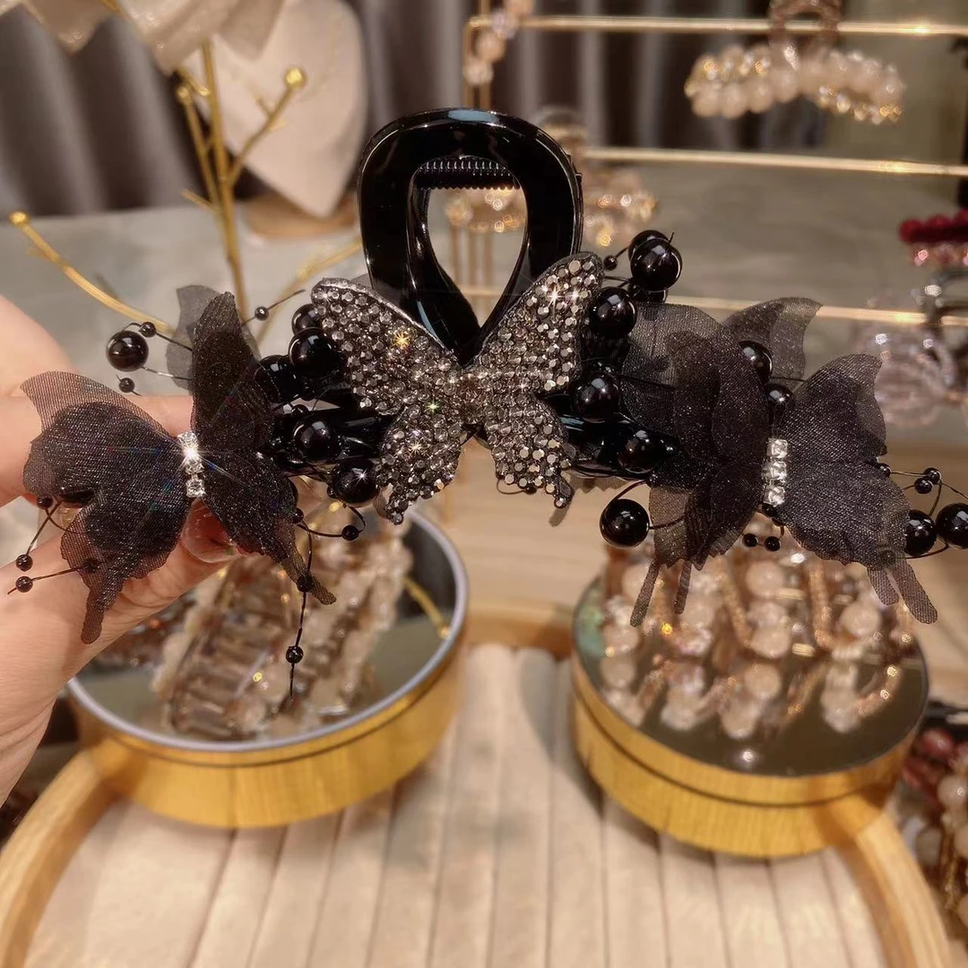 M1285新款韩版时尚珠珠黑蝴蝶大号发抓精致高级感简约款气质百搭