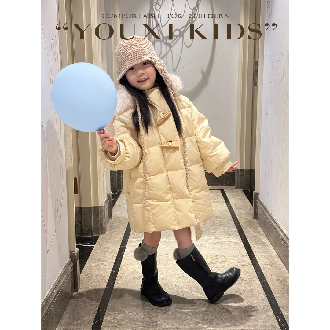 现萌娃冬装飞飞家·芝士小饼连帽毛领中长款保暖时尚羽绒服 FF2423