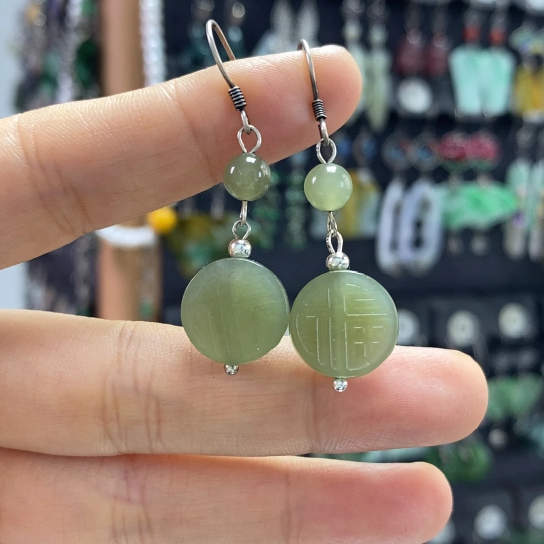 和田玉银S925镶嵌耳饰