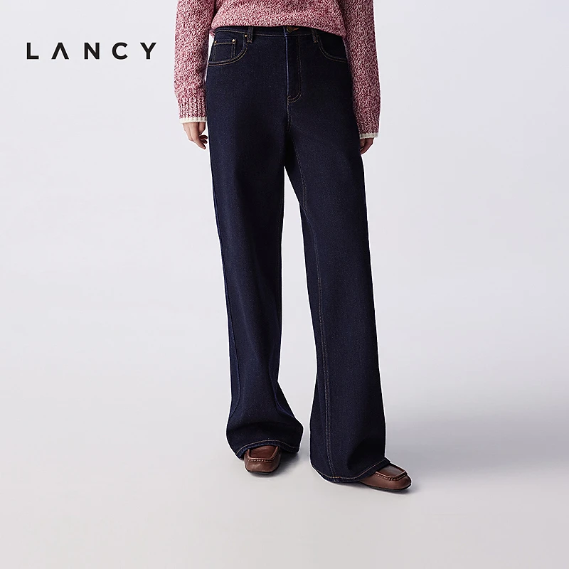 LANCY/朗姿2025冬新款时尚直筒阔腿棉感水洗牛仔裤女经典百搭长裤