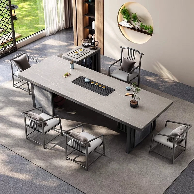 现代高端奢石岩板茶桌设计师款办公室茶台客厅大板中式茶台椅组合