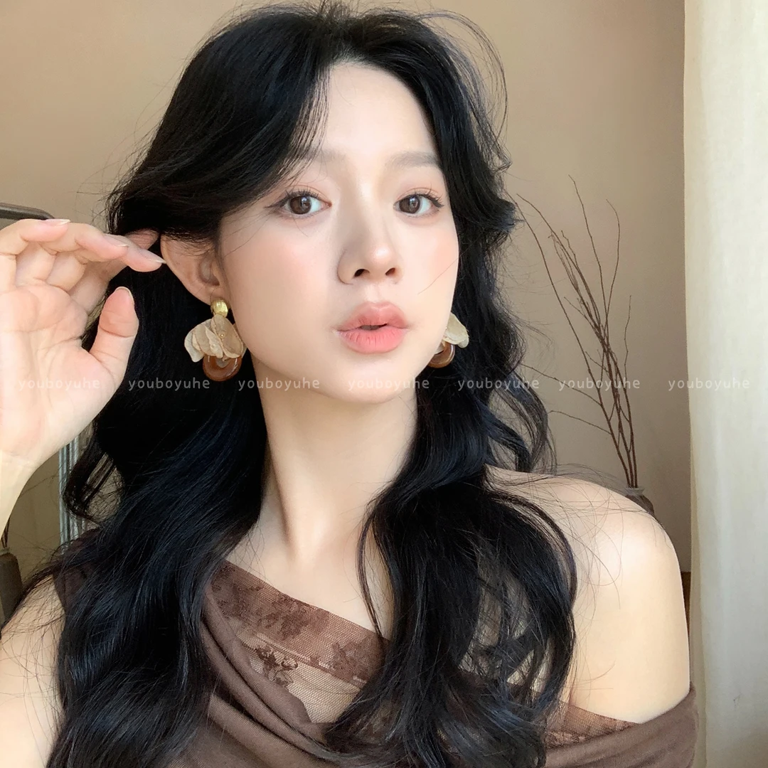 铜合金耳饰 美拉德咖色花瓣圈圈耳环女复古网纱气质耳钉轻奢耳饰