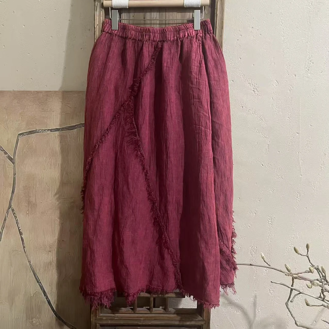 MX745亚麻95公分复古炒色做旧纯色不规则毛边拼接系带裙子春夏
