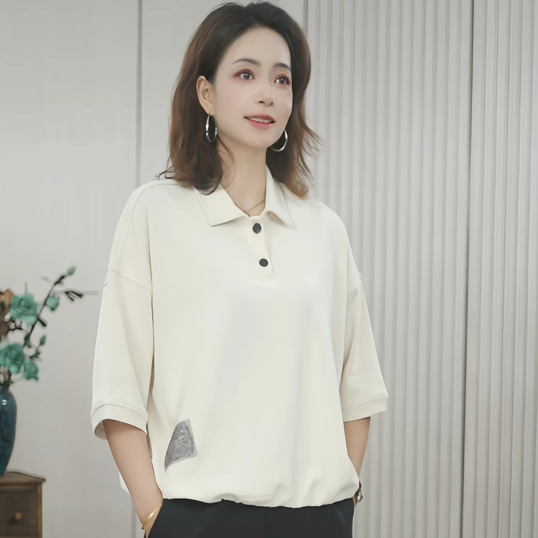 1002新款夏季时尚休闲百搭翻领七分袖上衣宽松显瘦纯色T恤小衫女