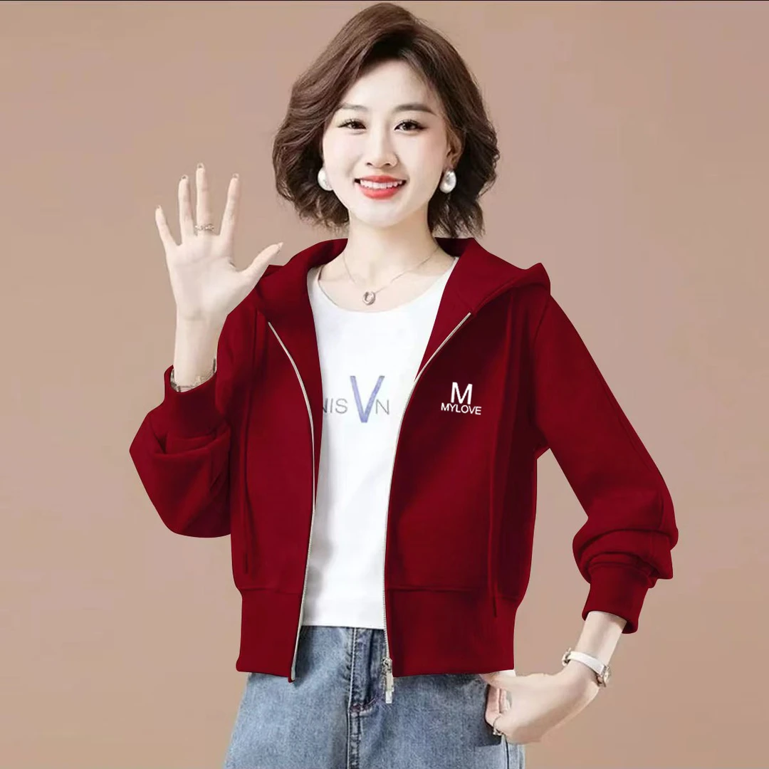 红色连帽卫衣外套女秋冬季韩版字母印花宽松拉链开衫短款休闲上衣