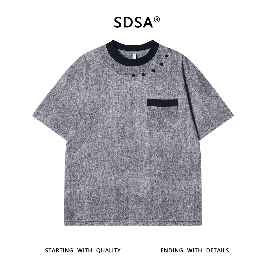 T3312-夏季高级感新款撞色扎染裁剪短袖T恤领口纽扣设计百搭上衣