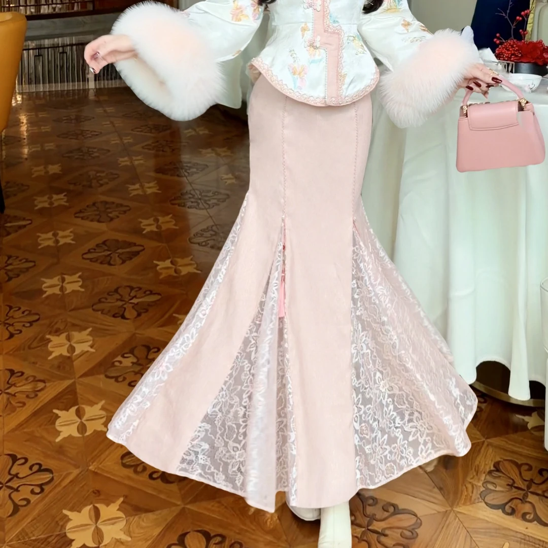 【媛珠 白絮桃夭半裙】重工粉色蕾丝高腰刺绣鱼尾国风贵气时尚套装