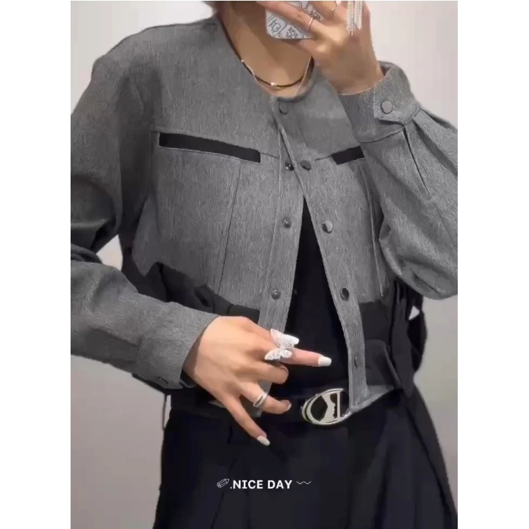 KIKI严选：W233-LD家欧货南油春季短款拼接圆领小香外套气质轻奢