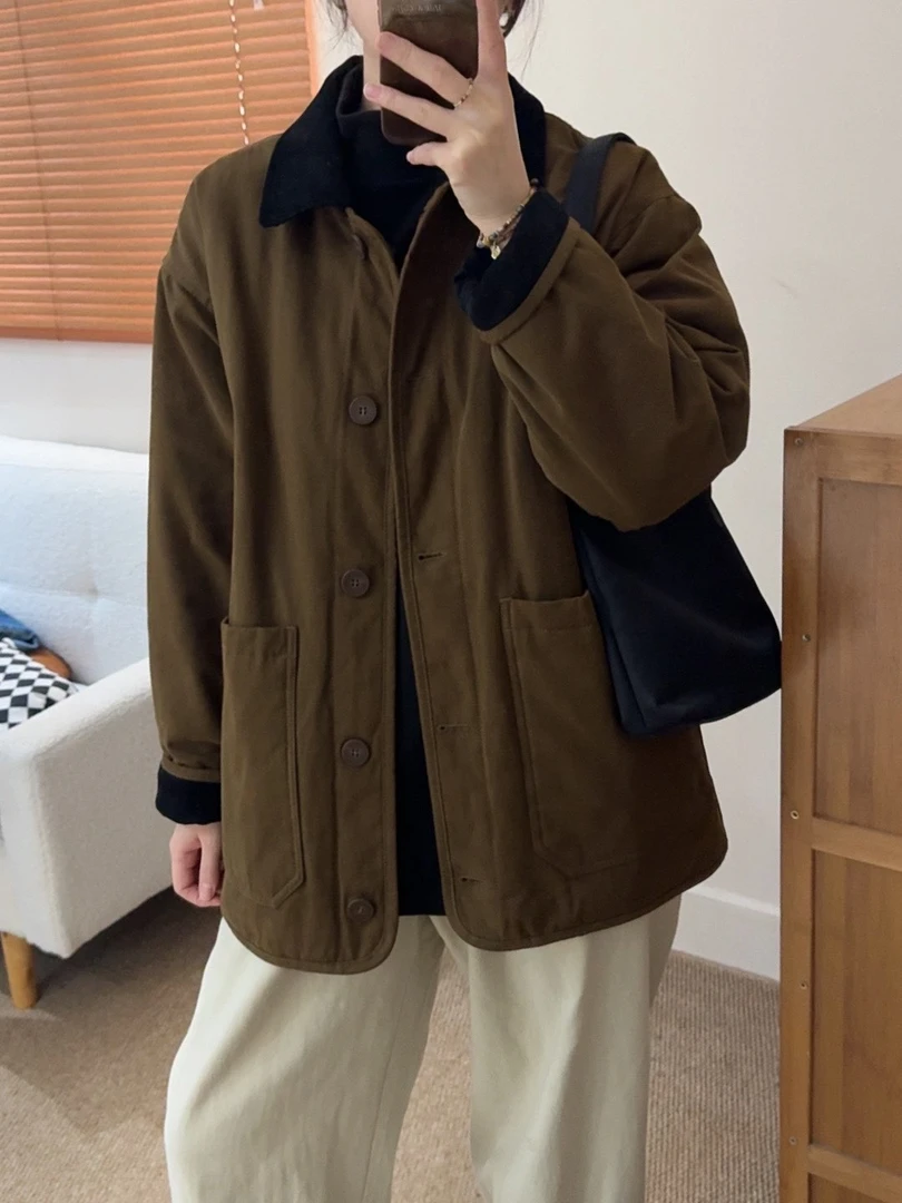 韩系2025棉服外套女设计感翻领撞色加厚复古百搭宽松休闲工装棉衣