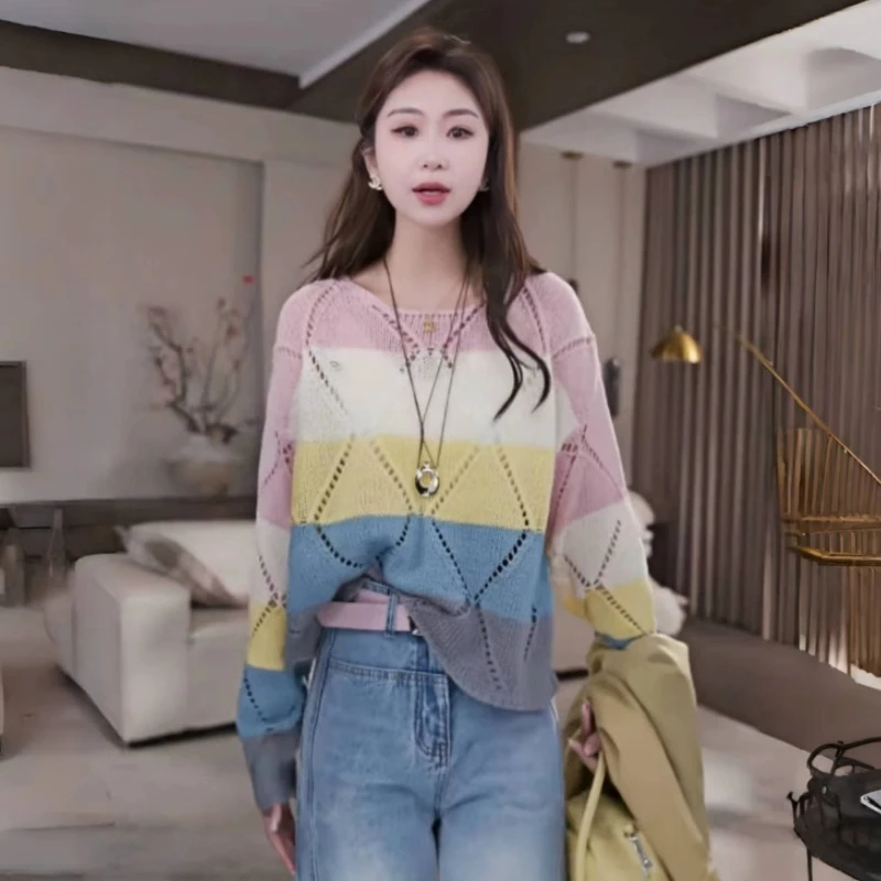 大码胖MM彩虹条纹透气防晒罩衫女春夏多巴胺慵懒宽松针织T恤上衣