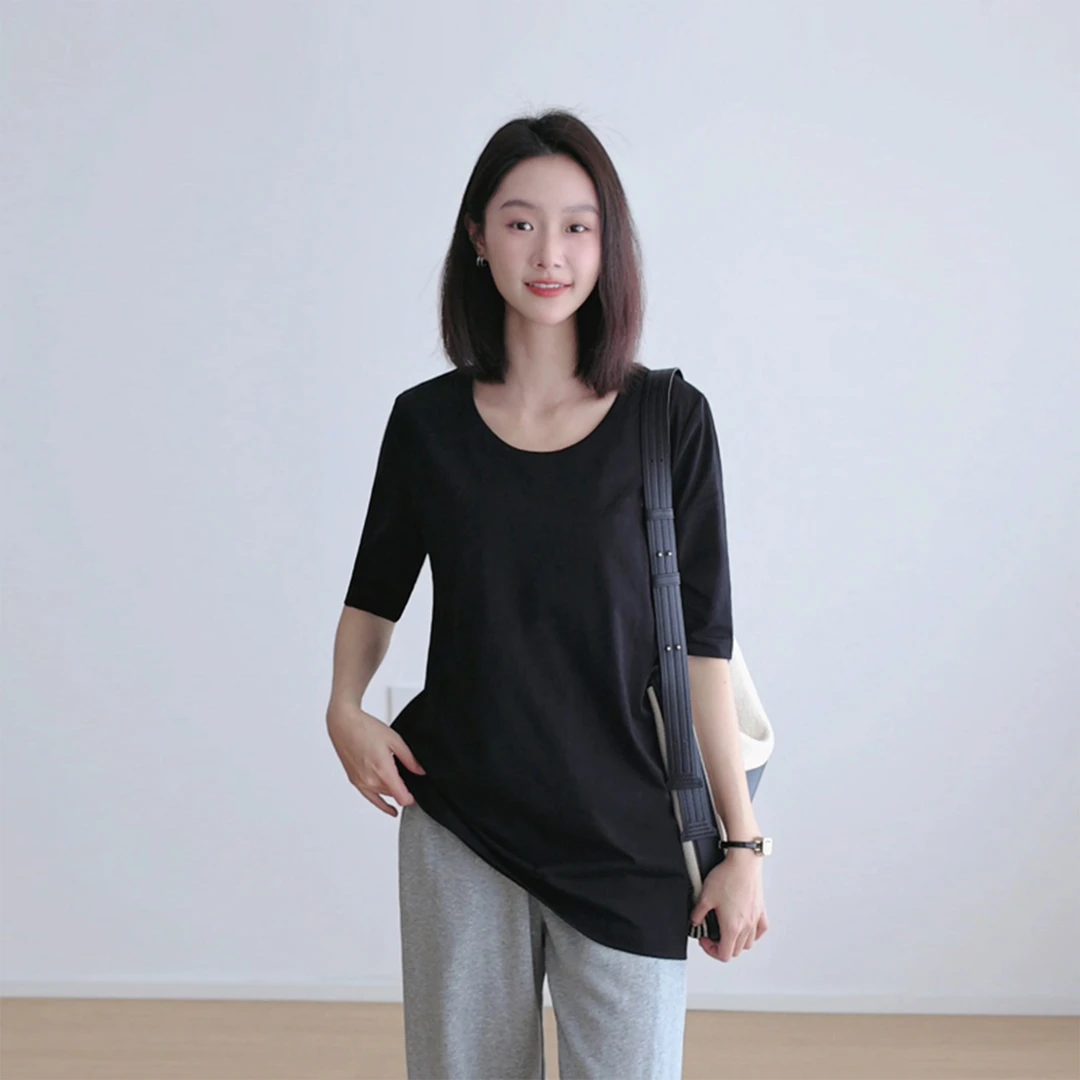 棉质大圆领中长款五分袖T恤女2025夏季遮臀宽松显瘦瑜伽裤ins搭配