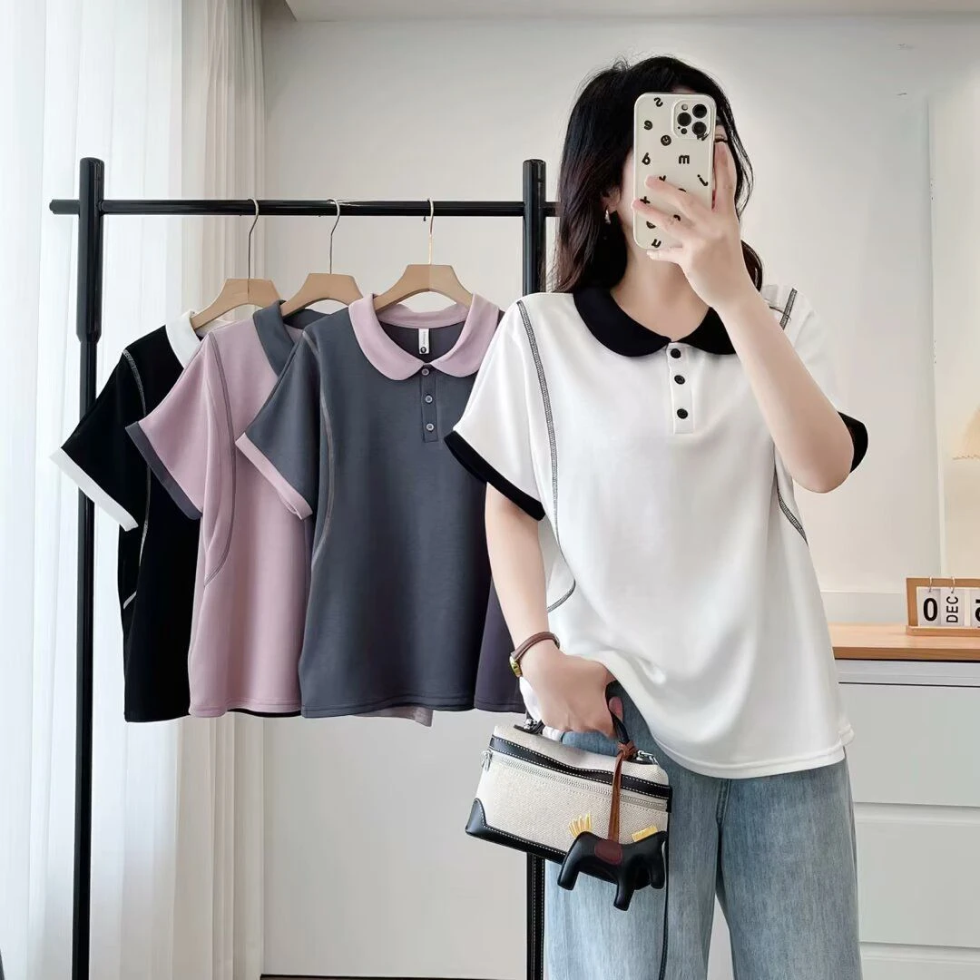 8333#大码女装夏季宽松显瘦POLO翻领拼色短袖T恤