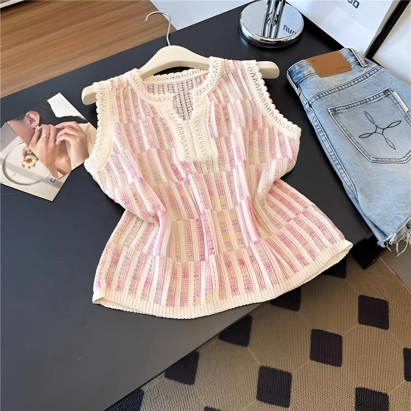 条纹镂空针织背心女2025夏季新款小香风无袖薄款外穿上衣短款女